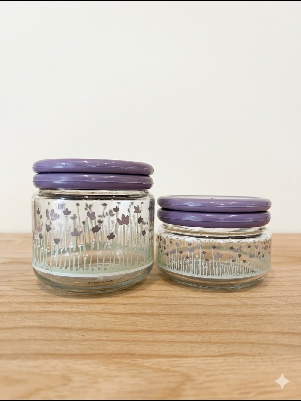 Vintage 1980s Pastel Floral Glass Jars Set of 2 Lavender Lids KIG Style